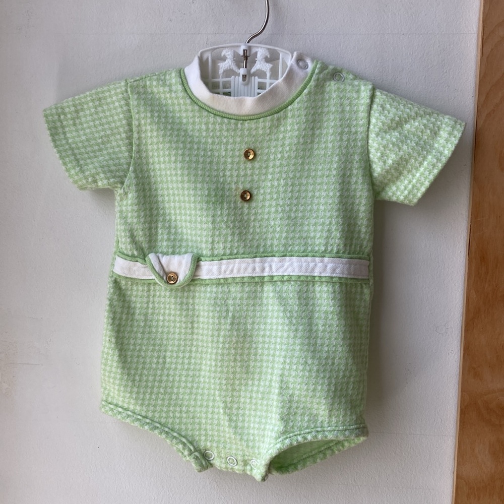 Vintage 60s mod green pastel houndstooth knit bubble romper size 12 mos